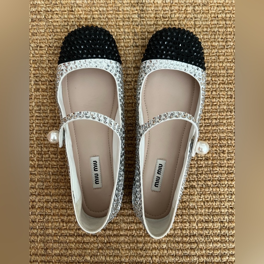 Miu Miu Crystal-Embellished Gabardine Mary Jane Flats Size 36.5